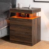 HOMMPA Set of 2 LED Nightstands with Wireless Charging Station Dark Walnut Bedside Table with Led Light Smart Nightstand USB Port 3 Drawers Night Table Mid Century Wood Night Stand Tall for Bedroom HOMMPA