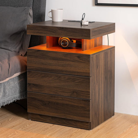 HOMMPA Rustic Brown Nightstand with Wireless Charging Station Walnut Wood LED Bedside Table with 3 Drawers End Table Smart Nightstand USB with Led Light Tall Night Stand with Open Shelf for Bedroom HOMMPA
