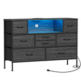 Simoretus Wide Dresser with Charging Station and LED Light for Bedroom 8 Fabric Drawers Chest of Drawers with Power Outlet Storage Open Shelf for Living Room TV Stand Closet Hallway (Charcoal Black) Simoretus