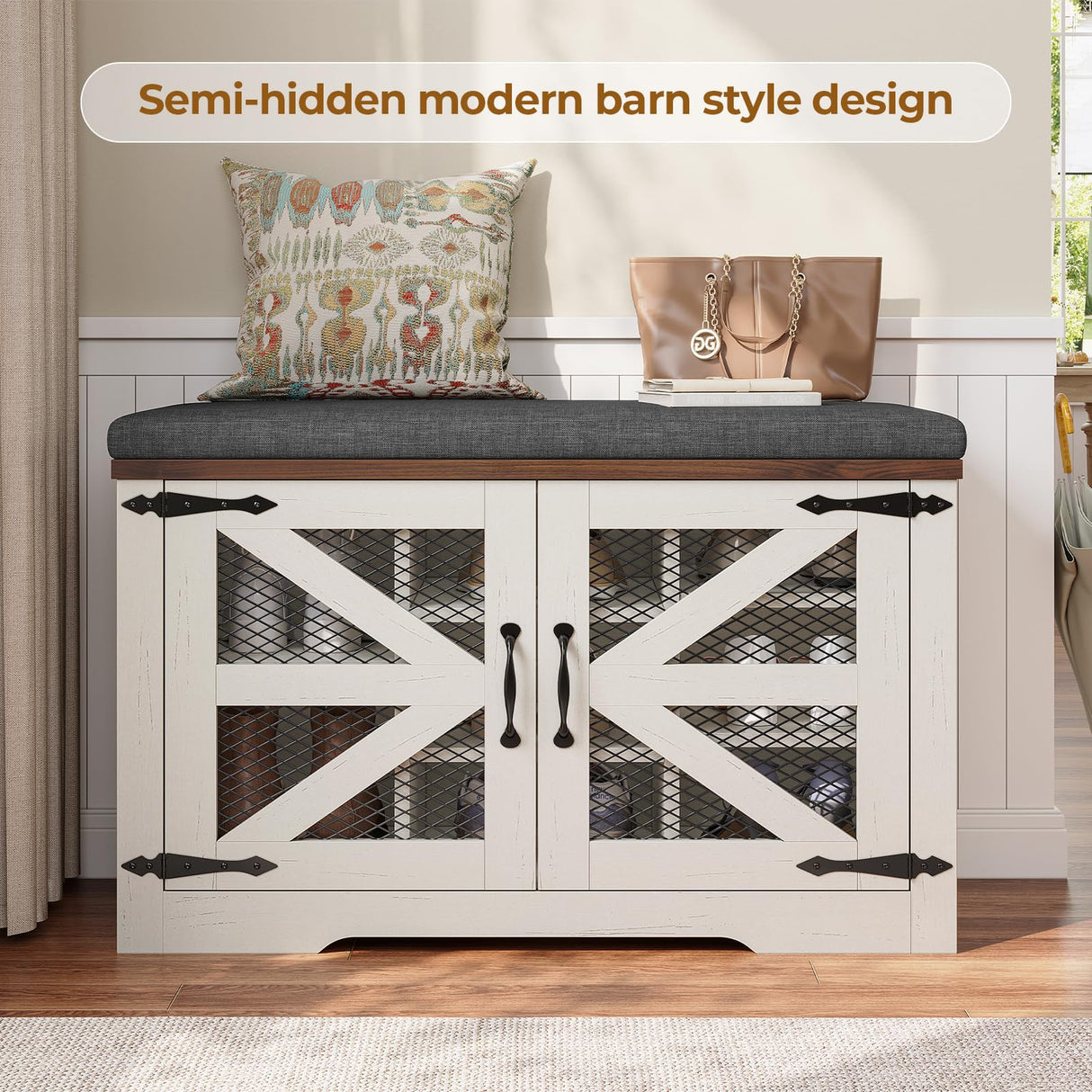 UPOSOJA Farmhouse Storage Bench with Cushion, Metal and Wood Shoe Rack Organizer, Adjustable Shelf, Shoe Cabinet with Half Hidden Storage Space, for Entryway, Bedroom, Living Room (Old White, 31.4in) UPOSOJA