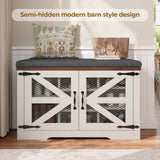 UPOSOJA Farmhouse Storage Bench with Cushion, Metal and Wood Shoe Rack Organizer, Adjustable Shelf, Shoe Cabinet with Half Hidden Storage Space, for Entryway, Bedroom, Living Room (Old White, 31.4in) UPOSOJA