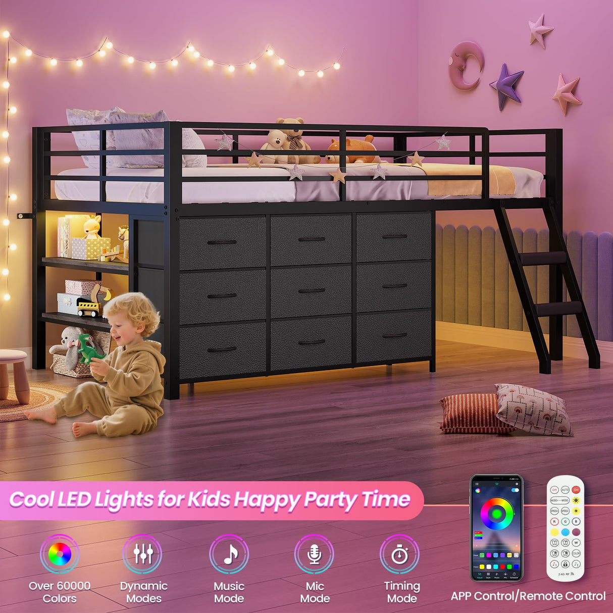 BTHFST Twin Loft Bed for Kids, Low Loft Bed Twin Size with 9 Storage Dresser, LED Lights, 2 Storage Shelves & Stairs, Metal Black Bed with Safety Guardrail for Young Teens, Space Saving, Black BTHFST