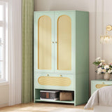 DWVO Rattan Armoire Wardrobe Closet Set of 2-70" Tall Rattan Armoire Closet with 4 Doors and 2 Drawers, Large Armoire Storage Cabinet with Drawers & Hanging Rod/Bedroom Armoire -Green DWVO