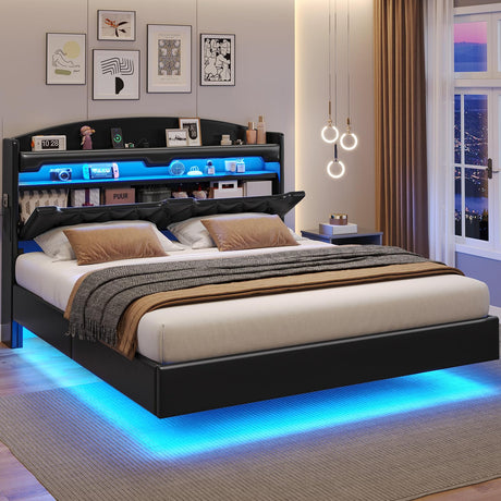 BTHFST Floating Bed Frame Full Size with Type-C Charging Station & Storage Headboard, RGB Floating Platform Bed, No Box Spring Needed, Wooden Slats Support, PU Black BTHFST