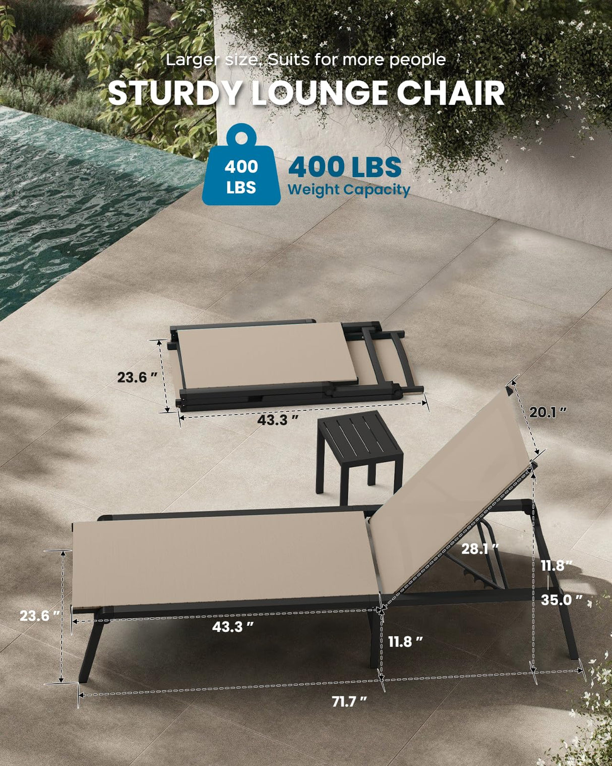 Vexwalx Chaise Lounge Outdoor, Foldable Aluminum Pool Lounge Chairs with 5 Positions Recliner - Free Assembly - Patio Chaise Lounge Chair for Poolside, Beach, Yard (Khaki) Vexwalx