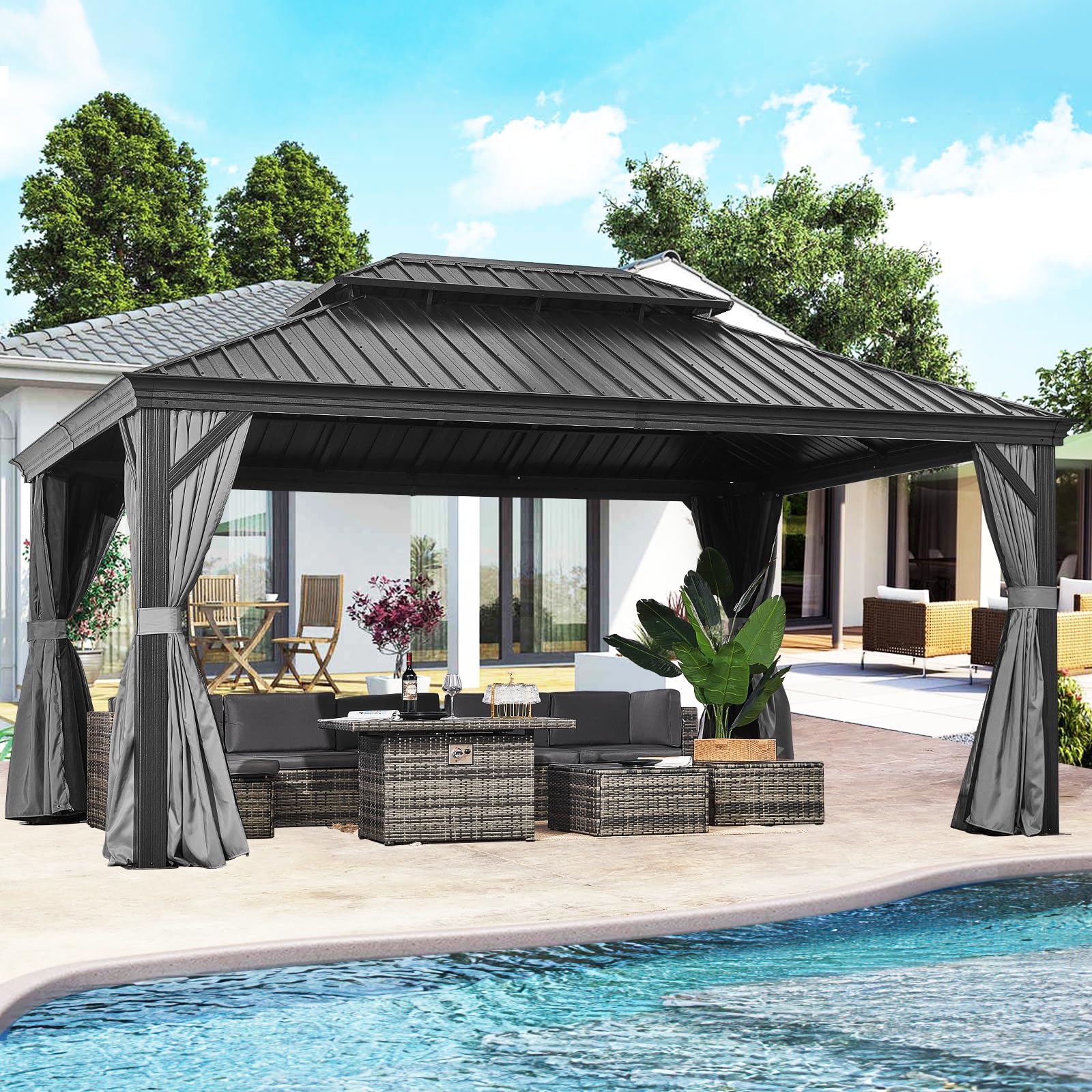 oneinmil 12' X 16' Hardtop Gazebo, Outdoor Gazebo with Netting and Curtains, Galvanized Steel Double Top Permanent Aluminum Gazebo, for Gardens, Decks, Patios, Parties - WoodArtSupply