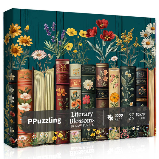 Vintage Wildflower Book Puzzles for Adults 1000 Pieces, Plant Floral Book Pages Jigsaw Puzzle, Retro Bookshelf Puzzle with Blossoming Wildflowers, Botanical Literary Theme Puzzle for Book Lovers