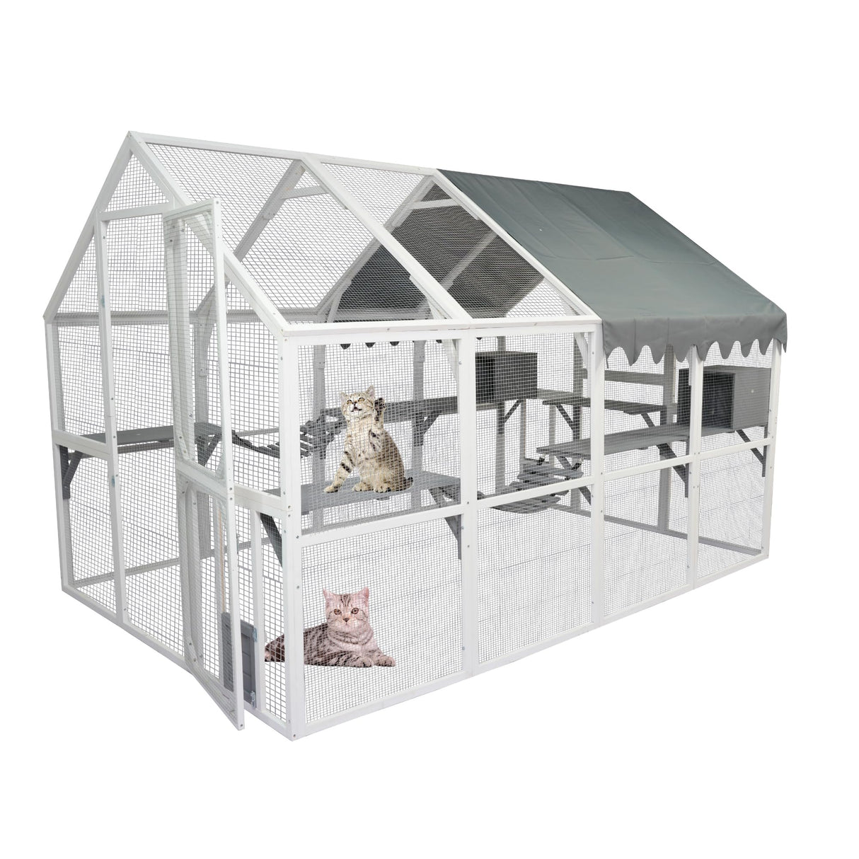 Large Catio Outdoor Cat Enclosure Walk in Cat Cage Cat Playpen Patio with Weatherproof Roof Cover, Multiple Platforms, 2 Bouncy Bridges and 2 Resting Houses White CuisinSmart