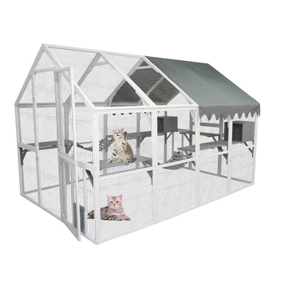 Large Catio Outdoor Cat Enclosure Walk in Cat Cage Cat Playpen Patio with Weatherproof Roof Cover, Multiple Platforms, 2 Bouncy Bridges and 2 Resting Houses White