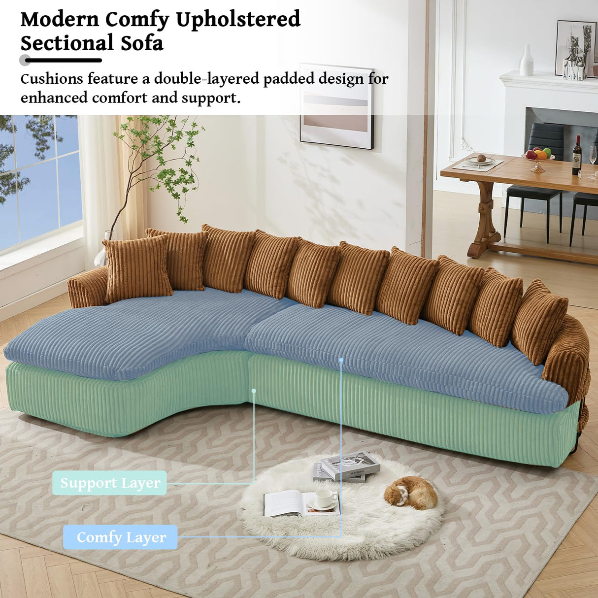 129'' Modern Sectional Sofa,4-5 Seater Upholstered Couches with 10 Cushions,High Density Sponges Cloud Couch, L-Shape Left Sofa,Corduroy Sponge Sofa for Living Room,No Assembly Required(Brown) Firscook