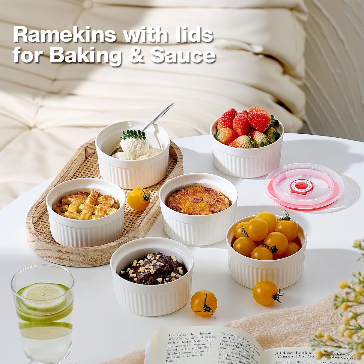 Mfacoy Ramekins with Lids Set of 6, 8 oz Porcelain Creme Brulee Souffle Ramekins with Covers, White Pudding Custard Cups Ramiken for Baking, Small Bowls for Sauces Dessert, Dishwasher and Oven Safe Mfacoy