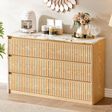 Ieejdn Fluted Dresser for Bedroom with 6 Drawers, 47.2" Modern Chest of Drawers with Faux Marble Top, Curved Profile Design,Dresser TV Stand, Wood Drawer Organizer for Living Room, Hallway, Oak1