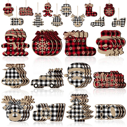 36 Pieces Christmas Buffalo Plaid Hanging Ornaments Christmas Tree Wooden Hanging Decor Wooden Christmas Ornaments Snowflake Reindeer Snowman Plaid Christmas Decor, 12 Styles (Black Red, Black White)