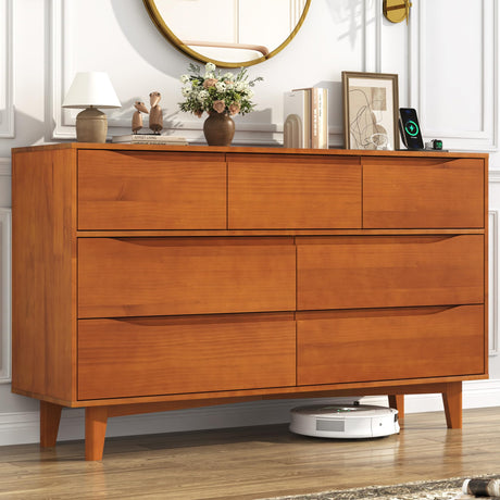 chartustriable 55”Solid Wood Drawers Dresser with Power Outlets, 7 Drawer Dresser for Bedroom, Mid Century Modern Vintage Large Chest of Dresser for Hallway, Entryway,Cutout Handle, Caramel chartustriable