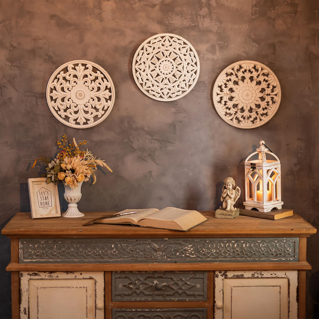 Walasis White Wall Decor Carved Medallion - Rustic Wood Wall Art Decorative Distressed Hanging Decorations Farmhouse Home Decoration for Living Room Bedroom Kitchen Bathroom Set of 3 Walasis