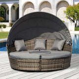 Outsunny 4-Piece Round Convertible Daybed with Cushions, Outdoor PE Rattan Patio Wicker Sofa Set, Sunbed with Adjustable Sun Canopy, Sectional Sofa, 2 Chairs, Table, 3 Pillows, Gray Outsunny
