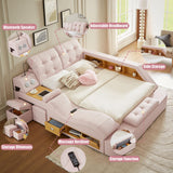 Modehodei Luxury King Size Bed Frame, Modern Multifunctional Bed with Massage Recliner | Bluetooth Speaker | USB Charging Station | Adjustable Headboard, PU Leather Fabric, Bedroom Furniture, Pink Modehodei