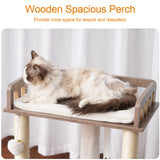Heybly Modern Cat Tree, Wooden Cat Tower with 3 Scratching Posts, Cat Condo for Indoor Cats with Wood Cat Cave, Plush Perch, Basket, Pompom, Rustic Gray HCT007SSG Heybly