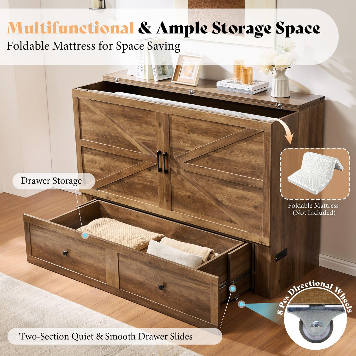 AMERLIFE Queen Murphy Bed Cabinet with Charging Station and Storage, Farmhouse Foldable Platform Bed for Guest Room, Office, Small Spaces, Barnwood AMERLIFE