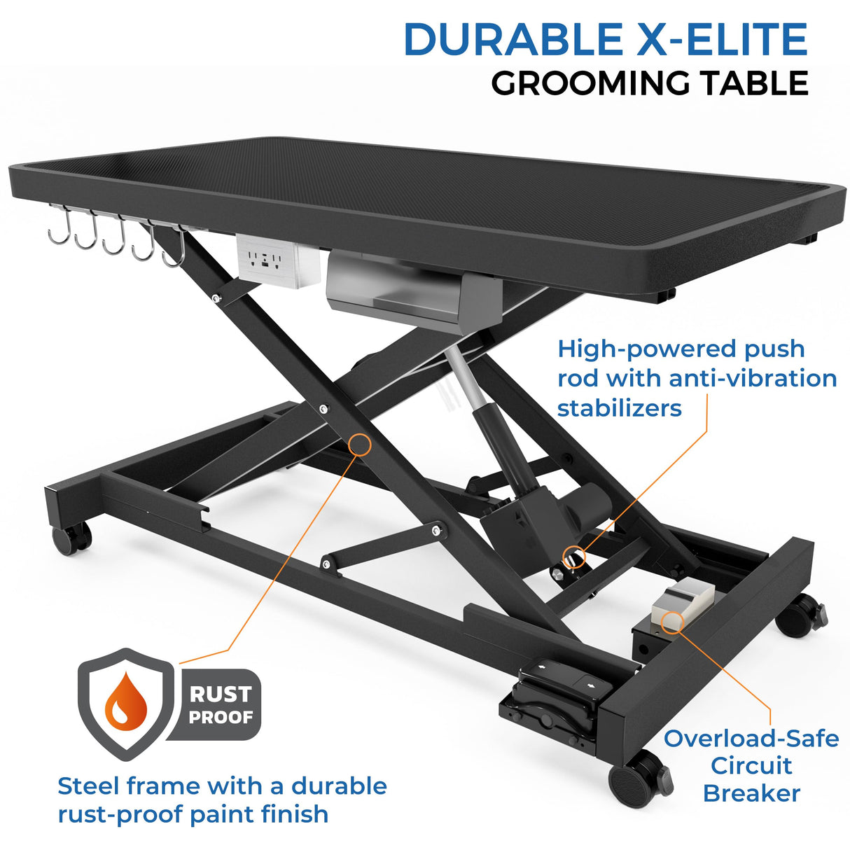 Professional Super Low-Step Electric Dog Grooming Table 49.2", Heavy Duty, Anti-Slip Tabletop, Height Adjustable Dog Table with Lockable Casters, Stainless Grooming Overhead Arm, Dog Grooming Station Burano