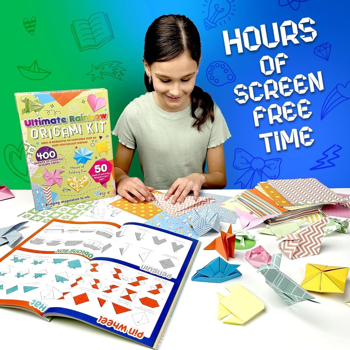 BRYTE Ultimate Rainbow Origami Kit with 450 Fun Colorful Papers, Gift-Ready Crafts for Girls Kids Ages 8-12 BRYTE