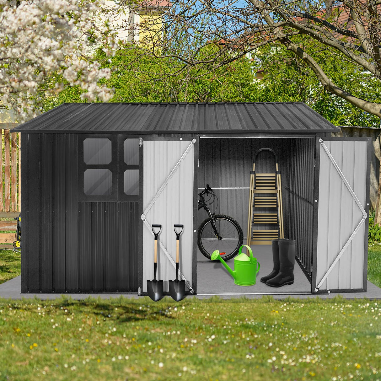 Jintop 10x12 FT Metal Garden Sheds,Outdoor Storage Shed with Waterproof Roofs and Lockable Doors,Clearance Tool House w/Punched Vents,Aluminum Frames Box for Storing Bicycles,Lawnmowers,Dark-Grey Jintop