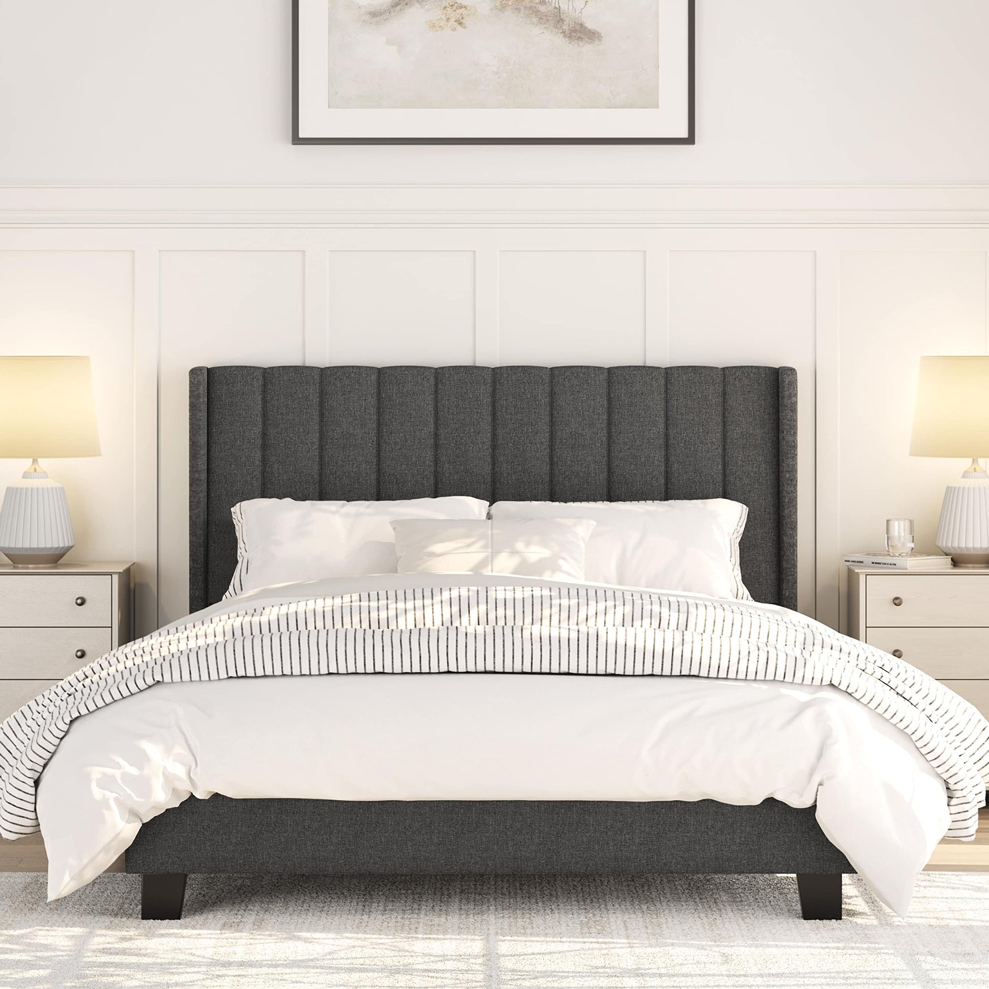 Yaheetech Upholstered Queen Size Bed Frame with Winged Headboard and Wooden Slats Support in Dark Gray - WoodArtSupply