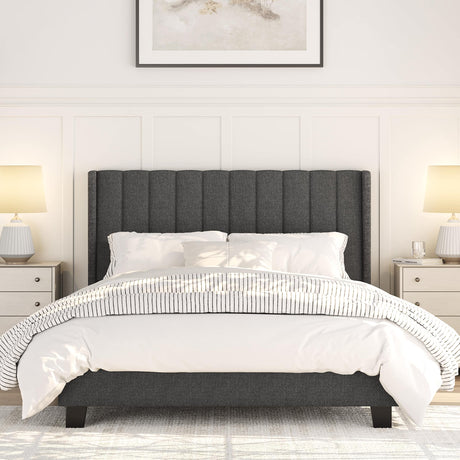 Yaheetech Upholstered Queen Size Bed Frame with Winged Headboard and Wooden Slats Support in Dark Gray Yaheetech