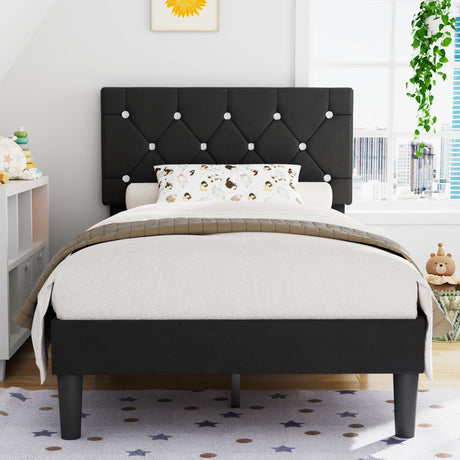 VECELO Twin Size Bed Frame, Upholstered Platform with Adjustable Diamond Tufted Headboard, Wood Slat Support, No Box Spring Needed, Velvet Black VECELO