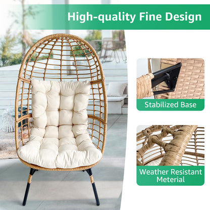 Meluvici Egg Chair Outdoor Indoor, Single Size Rattan Wicker Patio Basket Chair with 330LBS, Egg Lounger Chairs with Stand for Patio, Balcony, Bedroom, Beige