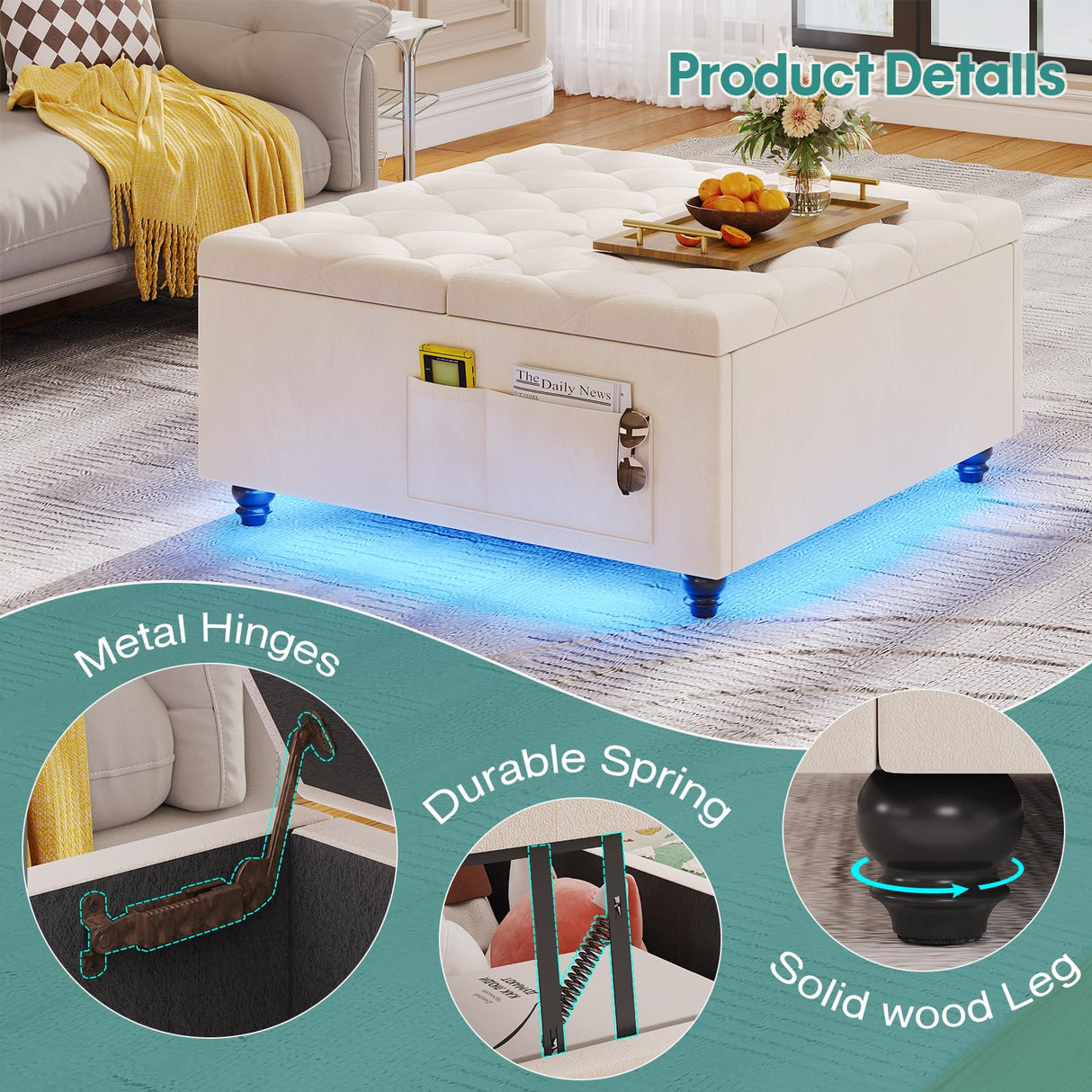 Storage Ottoman Coffee Table,Square Ottoman with Storage & Charging Station and LED Lights,Velvet Buttons Large Ottoman Coffee Table with Lift Top & Solid Wood Legs for Living Room Bedroom (Beige) busyaeh