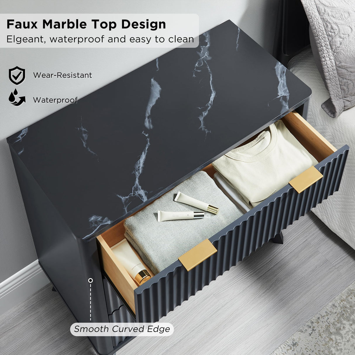 T4TREAM 32" Tall Fluted Nightstand, Modern Side Table with Faux Marble Top, 3 Drawers End Table w/Storage, Bedside Table for Bedroom, Living Room, Curved Profile Design, Dark Grey T4TREAM