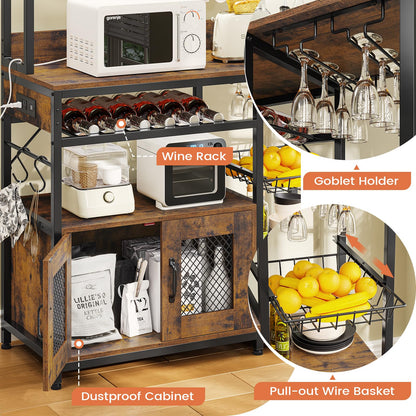 VIGKOOK Rustic Brown Kitchen Bakers Rack with Power Outlet, LED Lights, and Ample Storage Solutions - WoodArtSupply