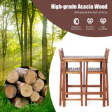 COSTWAY 3PCS Bar Table Set, Outdoor Acacia Wood Dining Set, Spacious Tabletop, Comfortable Backrest, Suitable for Sunroom, Backyard, Balcony, Space-Saving Design COSTWAY
