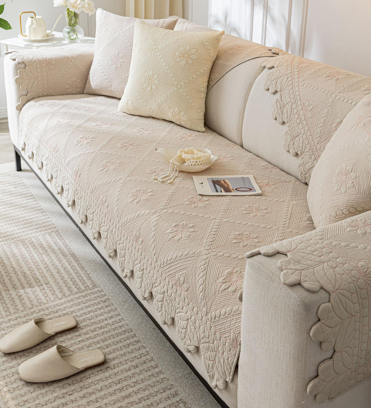 XSlive Cotton Quilted Dog Couch Cover for Sofa Farmhouse Rustic Embroidery Sectional Couch Cover Soft Anti-Slip Sofa Slipcover Furniture Protector for Kids, Pets (Khaki,28"x59") XSlive