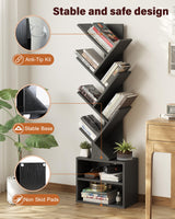 SUNMORY Black 6-Tier Tree Bookshelf with Storage Cabinet - Modern Narrow Floor Organizer for Home and Office SUNMORY