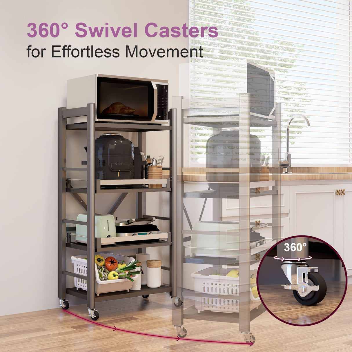 4-Tier Pull Out Kitchen Baker's Rack with Wheels, Heavy Duty Metal Microwave Stand with Storage, Adjustable Ktichen Shelves Freestanding, Rolling Utility Storage Cart (23.6''W x 49.2''H) Sharkwave Living