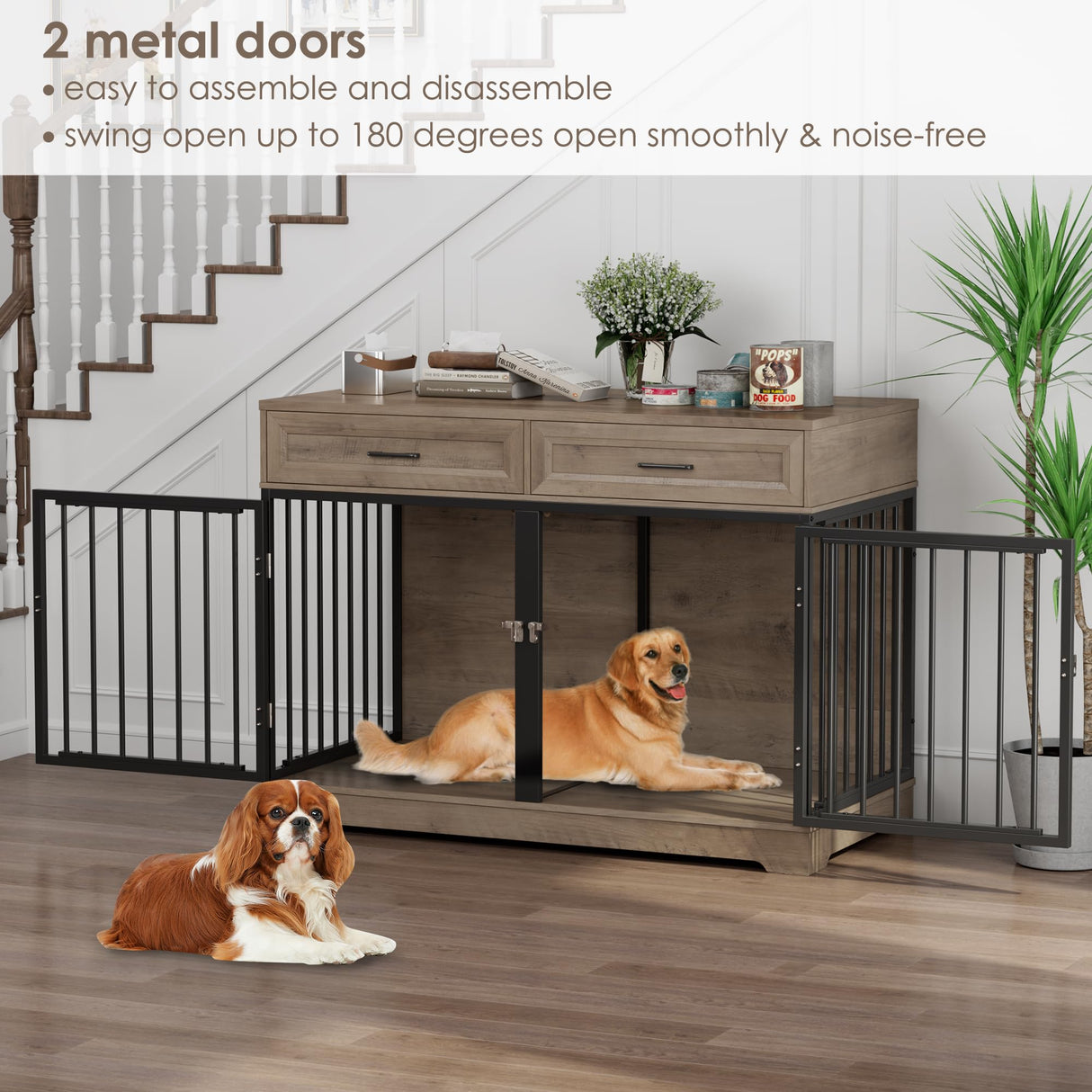 Dog Crate Furniture 47" Wooden Dog Kennels for Dogs Indoor with a Removable Divider for Large/Medium/Small Dogs, 2 Storage Drawers and Large Tabletop Dog Cages Double Doors Dog House, Rustic TTVIEW
