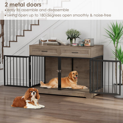 Dog Crate Furniture 47" Wooden Dog Kennels for Dogs Indoor with a Removable Divider for Large/Medium/Small Dogs, 2 Storage Drawers and Large Tabletop Dog Cages Double Doors Dog House, Rustic - WoodArtSupply