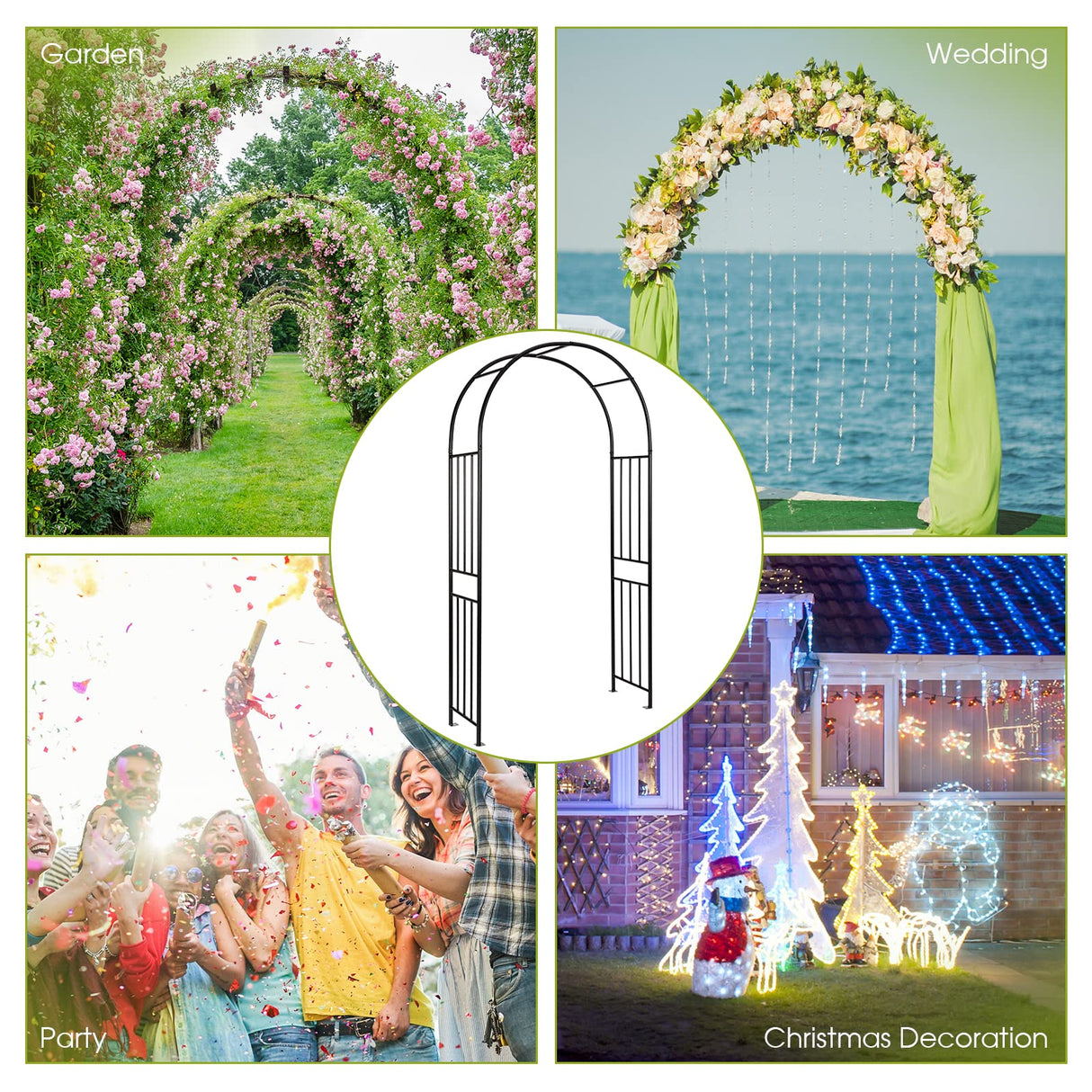 LDAILY Moccha Garden Arch Arbor Trellis, 7.2Ft Outdoor Steel Arbor with Stakes, Metal Archway for Climbing Plants, Wide Sturdy Durable Garden Arch for Lawn, Party, Ceremony Wedding Decoration, Black LDAILY