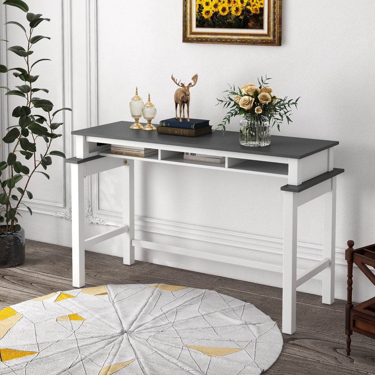 Giantex White and Grey Counter Height Bar Table with Power Outlets and Storage Compartments Giantex