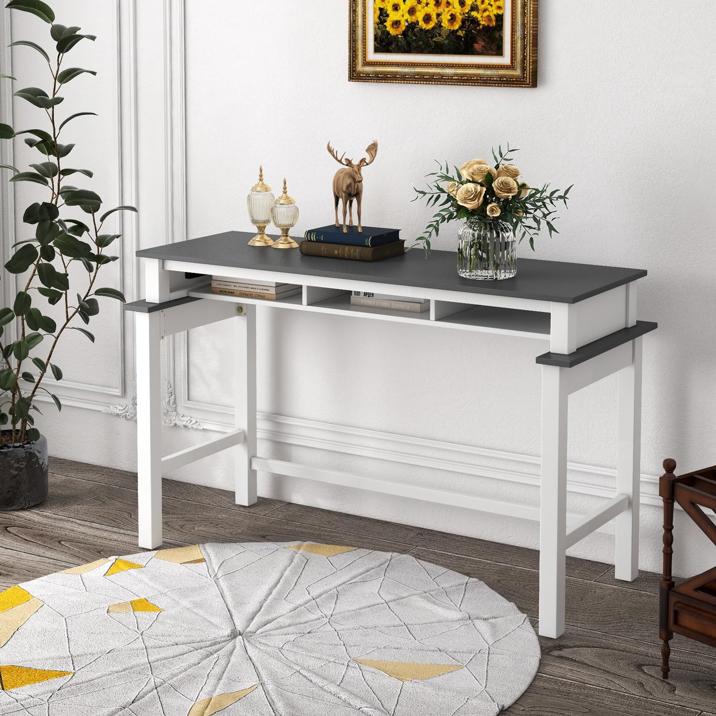 Giantex White and Grey Counter Height Bar Table with Power Outlets and Storage Compartments - WoodArtSupply