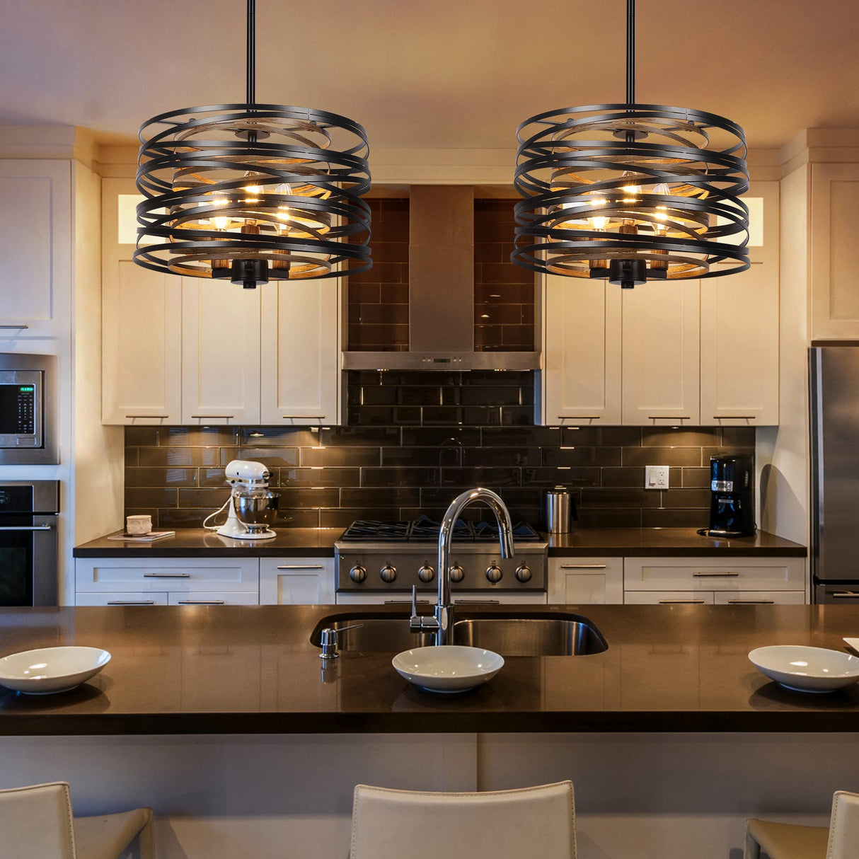 12.6'' Farmhouse Chandeliers for Dining Room, 3-Light Industrial Metal Hanging Light Fixture, Rustic Drum Pendant Light for Entryway Kitchen Foyer Bedroom, Black with Retro Wood Texture Interior ACNKTZ