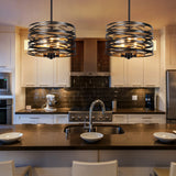 12.6'' Farmhouse Chandeliers for Dining Room, 3-Light Industrial Metal Hanging Light Fixture, Rustic Drum Pendant Light for Entryway Kitchen Foyer Bedroom, Black with Retro Wood Texture Interior ACNKTZ