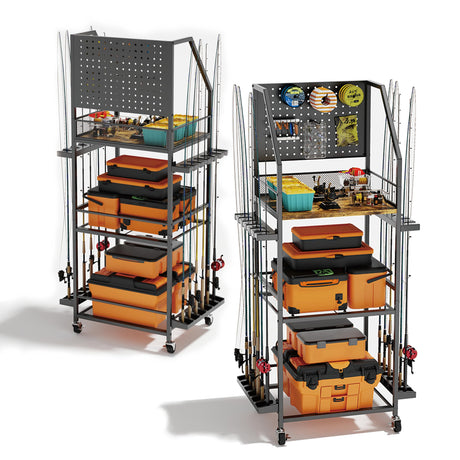 AQNTQCN Fishing Rod Holders for Garage, Fishing Pole Holders, 3-Tier Fishing Pole Rack Holds 12 Rods with Wheels for Garage, Basement or Indoor, For Fishing Rod Tackle Box Storage AQNTQCN