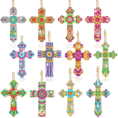 Glenmal 12 Pcs Easter Diamond Painting Keychains Cross Diamond Art Keychains Kits for Adults Religious Crosses Ornaments 5D Key Chain Christian Rhinestones Bookmarks Key Rings for DIY Crafts Gifts Glenmal