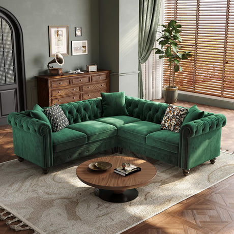 ONBRILL Chesterfield L Shaped Sofa, Velvet Sectional Couches for Living Room, Tufted Corner Couch with Rolled Arms, 3 Throw Pillows, Comfy L Shaped Sectional Sofa for Apartment, Green ONBRILL