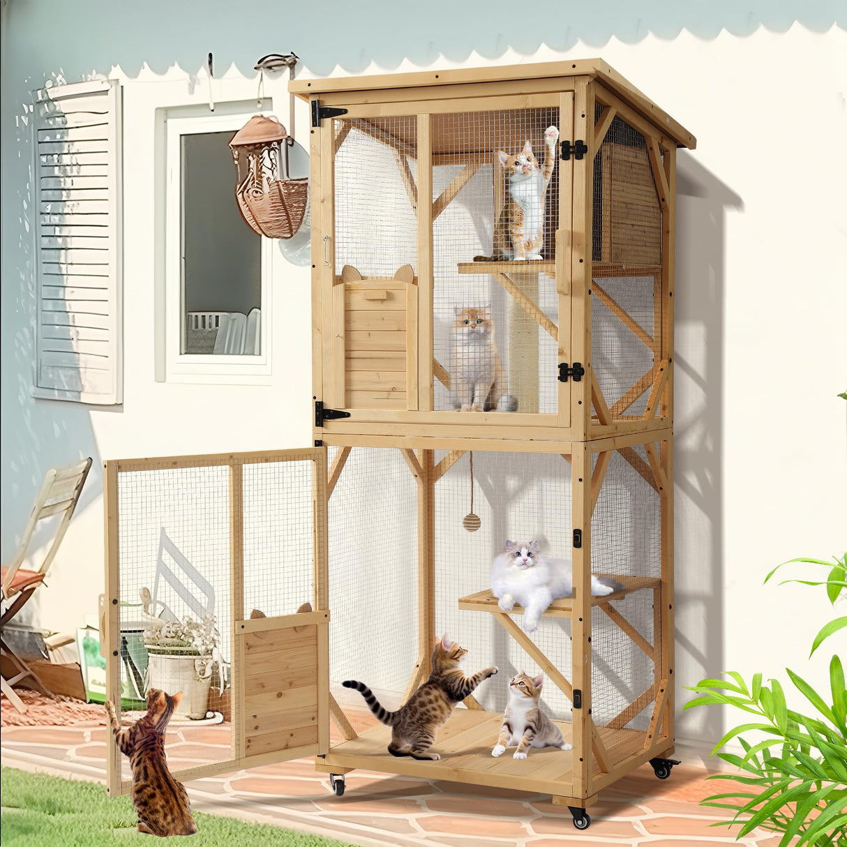 TITIMO 71" Catio Cat Enclosure Window, Large Outdoor/Indoor Cat House for Multiple Cats, Wooden Kitty Condo W/Waterproof Roof, Platforms, Resting Box, Scratching Post, Sisal Ball, Wheels (Burlywood) TITIMO