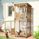 TITIMO 71" Catio Cat Enclosure Window, Large Outdoor/Indoor Cat House for Multiple Cats, Wooden Kitty Condo W/Waterproof Roof, Platforms, Resting Box, Scratching Post, Sisal Ball, Wheels (Burlywood) TITIMO