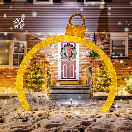 Tangkula 10.5 FT Outdoor Christmas Lighted Archway with Gold Ornament Cap, 300 Warm White LED Lights, Zip Ties & Stakes, Holiday Xmas Yard Decorations with LED Lights, Archway Outdoor Decorations